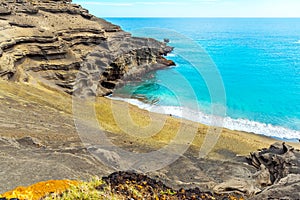 View of the beach Papakolea green sand beach, Hawaii, USA. Copy space for text