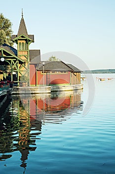 View from the beach pier of Keszthely at lake Balaton by sunset