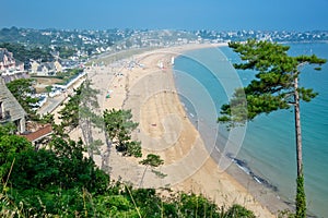 View of the beach of Saint-Cast-Le-Guildo in summer in CÃÂ´tes d`Armor, Britanny France photo