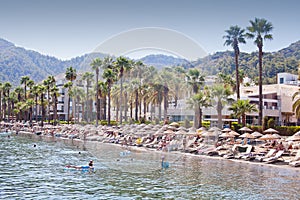 View of the beach from the side sea. Marmaris. Turkey