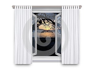 View of beach through window