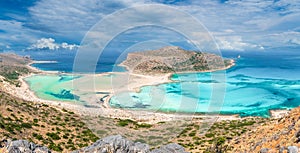 View of beautiful beach in Balos Lagoon, and Gramvousa island on Crete, Greece