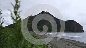 View of beautiful beach with green grass and mountain. Clip. Picturesque landscape with green grass on background of sea