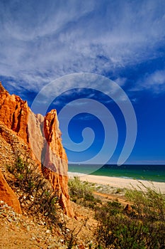 View on the beautiful beach the Praia da Rocha Baixinha Nascente. Region Faro, Algarve, Portugal