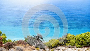 View of beautiful beach with rock cliffs on Kefalonia island, Gr