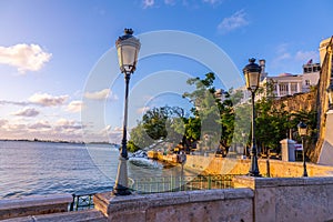 View of a beautiful beach in San Juan city in Puerto Rico at sunset