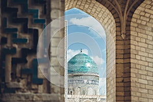 View of the beautiful blue dome of The Mosque Kalyan. One of the oldest and largest Mosque in Central Asia. Main cathedral mosque