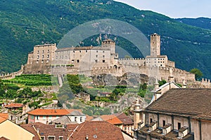 View of beautiful city of Bellinzona in Switzerland with Castelgrande castle from Montebello photo