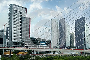 View of beautiful city from modern bridge photo