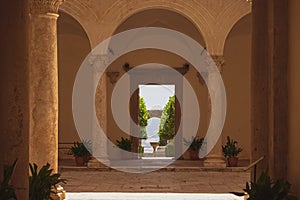 View of the beautiful Cloister of Piccolomini Palace in the famous town of Pienza