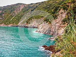 View of beautiful coastline at picturesque Manarola, Cinque Terre, Italy.