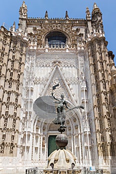 View of the beautiful facade and architecture of the Cathedral of Seville.