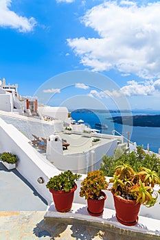 View of beautiful Firostefani village with typical white architecture, Santorini island, Greece