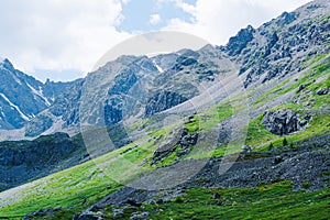 View with beautiful glacier in snow on horizon, mountain peaks and slopes covered with green grass