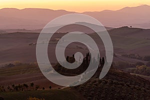 A view of a beautiful hilly Tuscan field in the golden morning light with a cypress farmhouse and hay bales in Italy