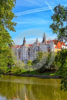 View of beautiful historic building on the river Odra bank in Wroclaw