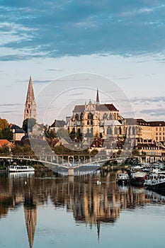 View of Beautiful historic town of Auxerre on sunrise time in Burgundy, France