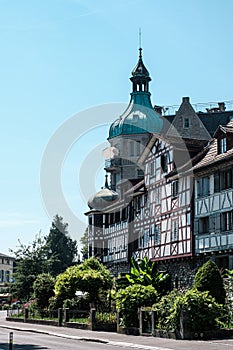 View of beautiful historical houses in swiss town Arbon