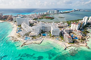 View of beautiful Hotels in the hotel zone of Cancun. Riviera Maya region in Quintana roo on Yucatan Peninsula. Aerial