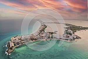 View of beautiful Hotels in the hotel zone of Cancun at sunset. Riviera Maya region in Quintana roo on Yucatan Peninsula
