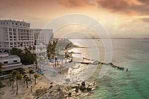 View of beautiful Hotels in the hotel zone of Cancun at sunset. Riviera Maya region in Quintana roo on Yucatan Peninsula