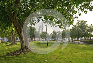 View of beautiful Jumeirah public park with Burj Al Arab hotel as a background