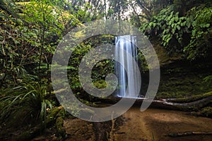 View on beautiful Koropuku falls in middle of deep magical native forest