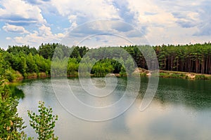 View of beautiful lake in a pine forest at summer