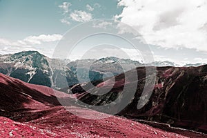 A view of beautiful landscape and mountains in alps switzerland in color infrared