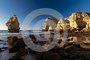 View of the beautiful Marinha Beach Praia da Marinha near Lagoa, Algarve