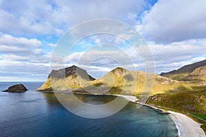 view of Beautiful mountain landscape with Norwegian sea at holandsmelen, lofoten, Norway