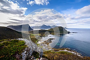 View of Beautiful mountain landscape with Norwegian sea at Norway
