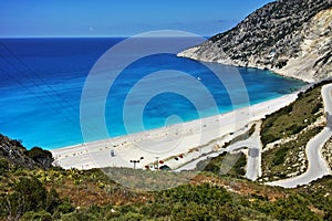 View of beautiful Myrtos bay road to beach, Kefalonia, Ionian islands