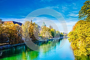 View on beautiful natural landcape of Isar river in Munich, Germany