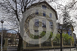 View of the beautiful old building of Vasil Aprilov school in the center of the capital in the spring