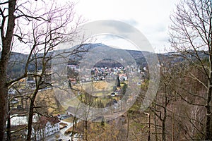 The view from the beautiful old castle Oybimn into the valley to Hain or Olbersdorf