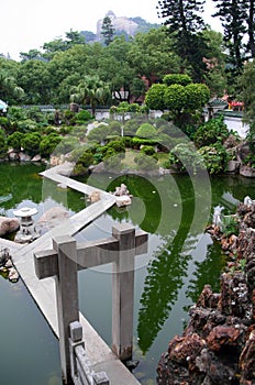 View of beautiful park with Sunlight Rock on background, Gulangy