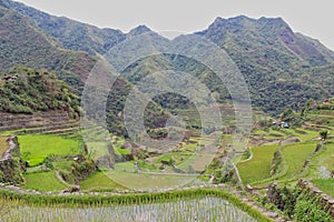 View of beautiful rice terraces in Batad and huge mountains