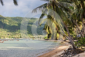 View of the beautiful sea lagoon and sandy beach on tropical island. On the waves swing long boats of fishermen, waiting for the