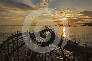 View of beautiful sea and sky in morning which has fishing tool in thai style as foreground