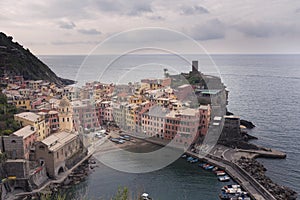 View of the beautiful seaside of Vernazza village in summer in the Cinque Terre area