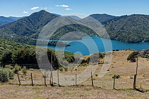 A view of the beautiful and stunning Marlborough Sound and the surrounding hills at the top of the South Island, New Zealand on a