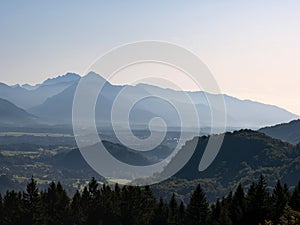 View on the beautiful sunrise over the majestic hills with the Lake Bled in Slovenia