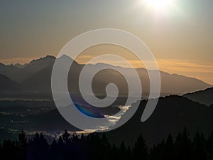 View on the beautiful sunrise over the majestic hills with the Lake Bled in Slovenia