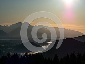 View on the beautiful sunrise over the majestic hills with the Lake Bled in Slovenia