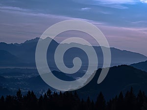 View on the beautiful sunrise over the majestic hills with the Lake Bled in Slovenia