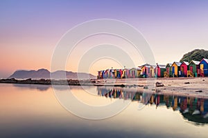 View of the beautiful sunset over False Bay from Kalkbay with little colorful houses, Cape Town