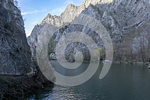 View of beautiful tourist attraction, lake at Matka Canyon in the Skopje surroundings. Macedonia