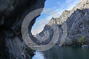 View of beautiful tourist attraction, lake at Matka Canyon in the Skopje surroundings. Macedonia