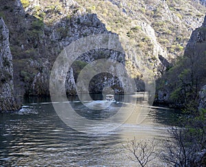 View of beautiful tourist attraction, lake at Matka Canyon in the Skopje surroundings. Macedonia